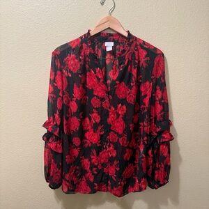 Women’s Size 3 (XL/16) Chico's Red Black Floral Rose Sheer Long Sleeve Blouse